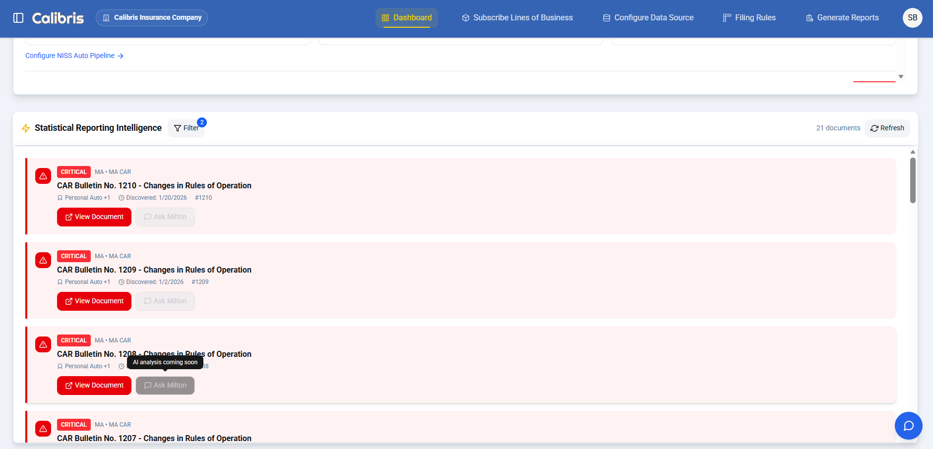 Regulatory monitoring dashboard with critical alerts
